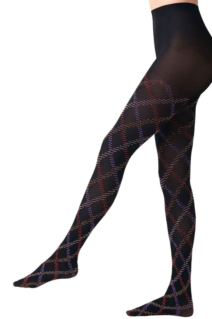 Black/violet tartan tights on a white background
