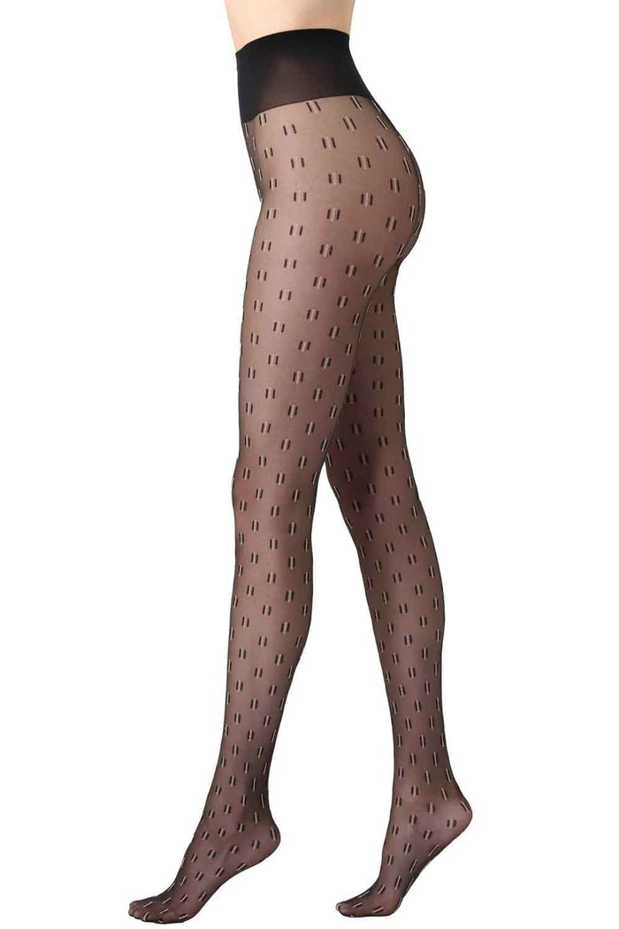 Patterned tights worn by a person on a white background