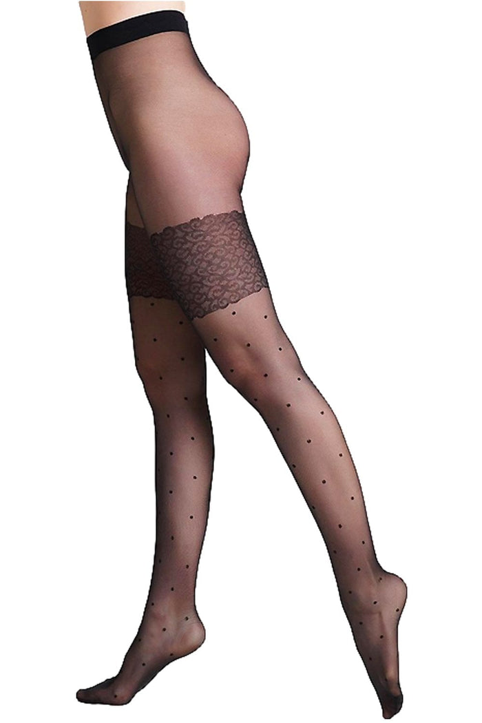 Black patterned tights with lace top on a white background