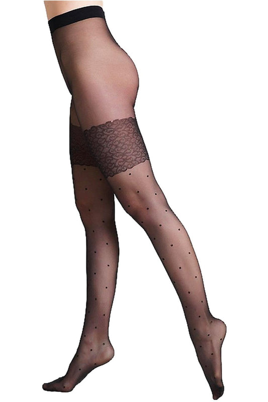 Black patterned tights with lace top on a white background