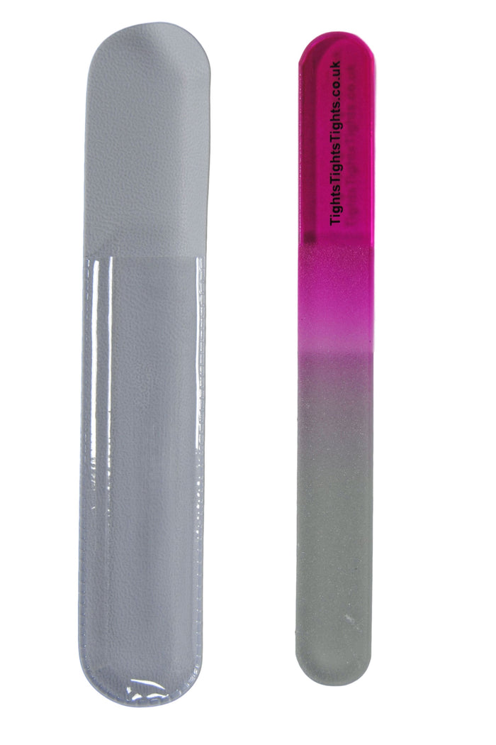 Gradient nail file with pink to grey colour transition on a white background with Tights Tights Tights written on