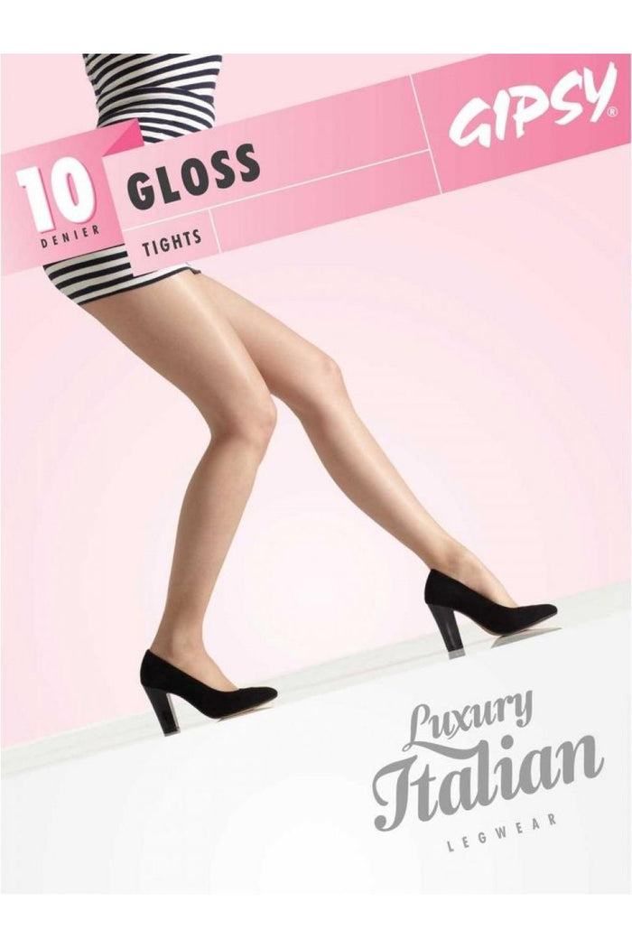 Gipsy gloss tights packaging with a model wearing them on a pink background, featuring the brand 'Gipsy'.