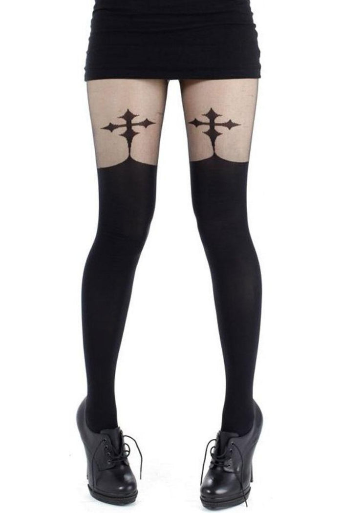 Goth cross suspender tights worn by a person on a white background