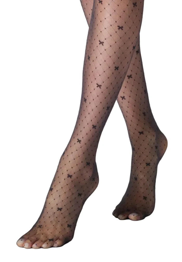 Black patterned sheer patterned tights on a white background