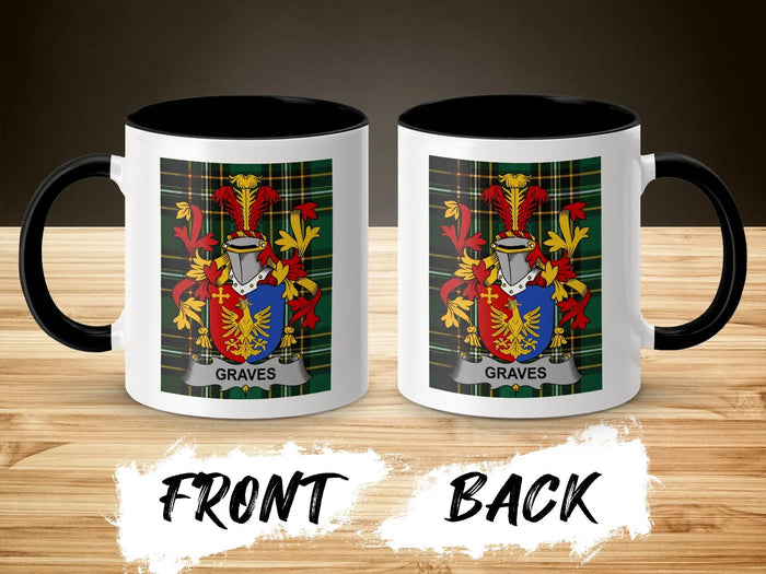 Graves coat of arms on a white mug with black rim and handle.