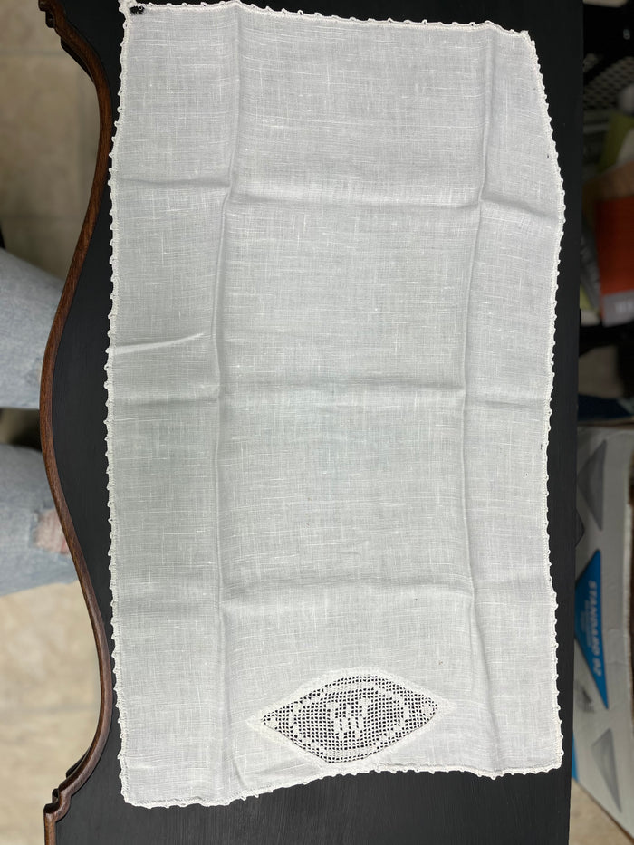 Hand Crocheted Linen Monogrammed "W" Tea Towel.