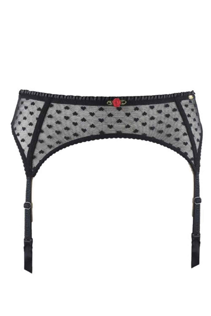 Black heart mesh suspender belt on a white background