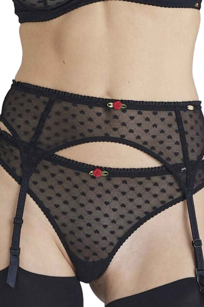 Black mesh suspender  belt with red floral accents on a white background