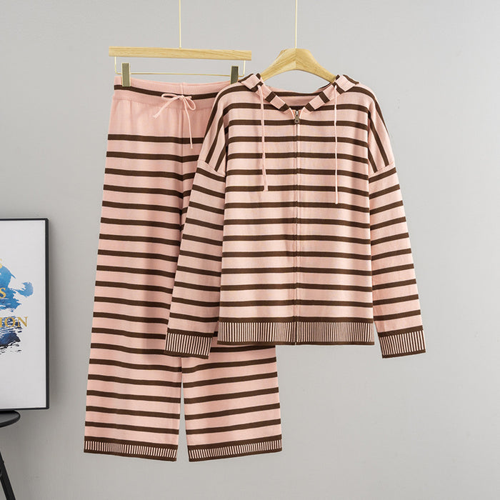 Idle Striped Hooded Suit Women Autumn Winter Loose Casual Wide Leg Pants Two Piece Sets