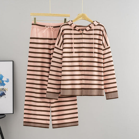 Idle Striped Hooded Suit Women Autumn Winter Loose Casual Wide Leg Pants Two Piece Sets