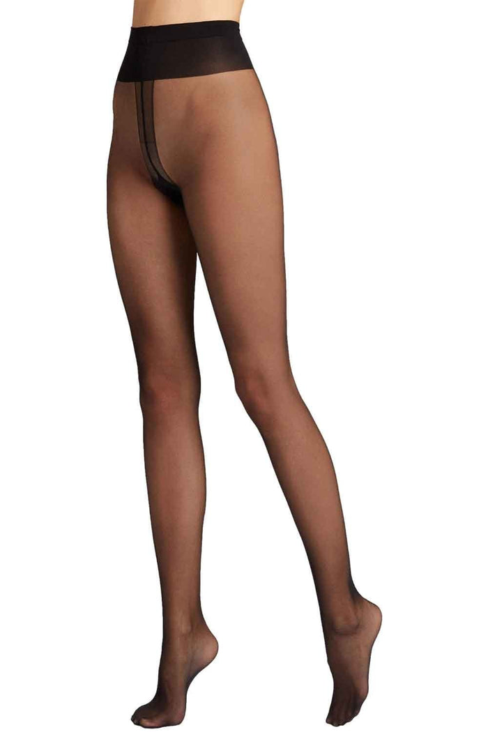 Sheer black seamed  tights worn by a model on a white background