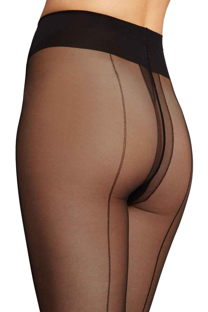 Sheer black seamed tights with black waistband on a white background