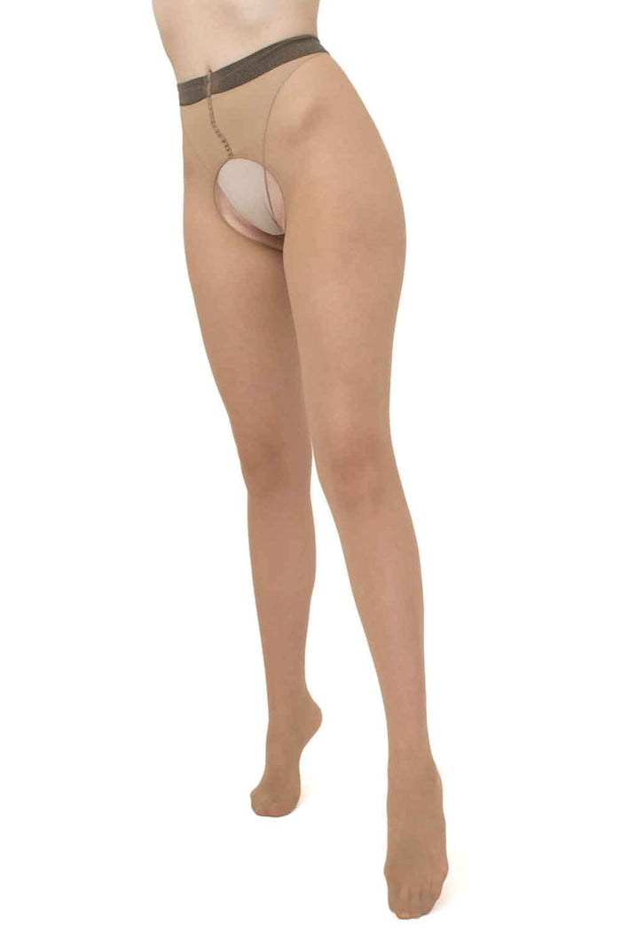 Giulia natural coloued crotchless tights on a white background