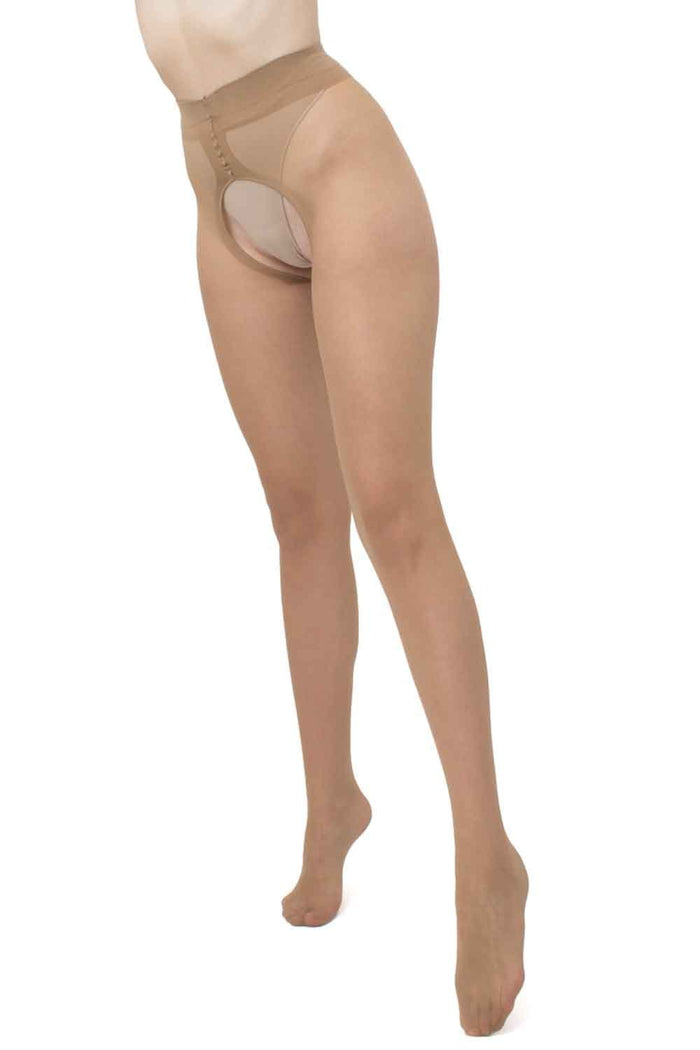 Natural coloured plus 20 crotchless tights on a white background