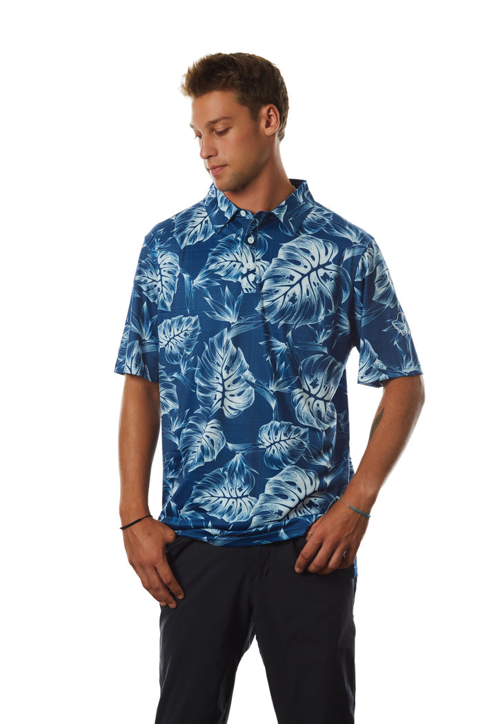 "Inverse Jungle" Indigo Sky - OGA Men's Polo - Indigo Blue / White