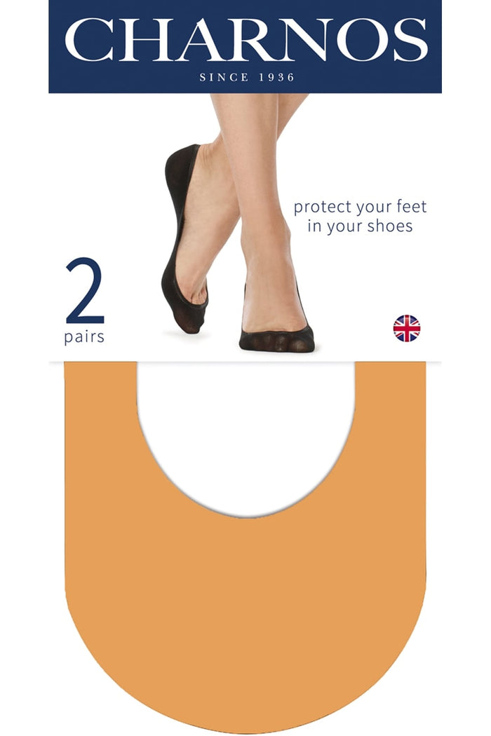 Charnos shoe liner  packaging with a person wearing black shoe liner socks  and the Charnos logo at the top.