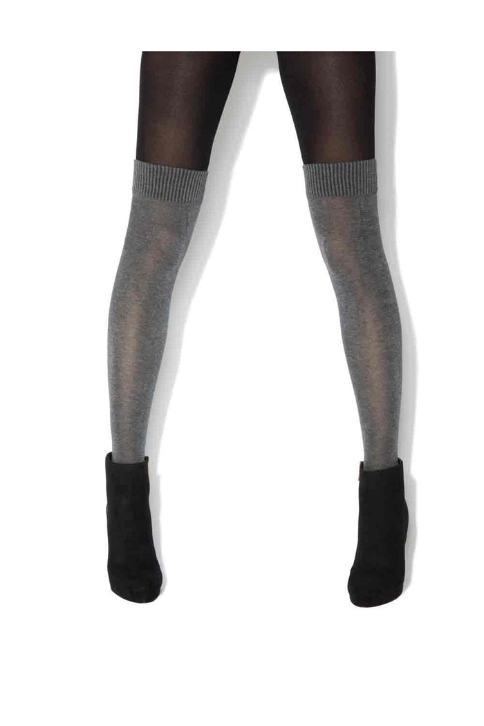 Jonathan Aston Over Knee Boot Sock Tights grey socks with black tights. Model wearing black boots.