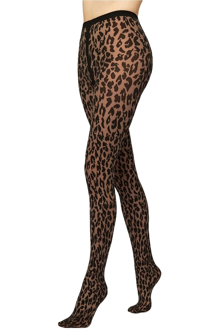 Leopard print tights by Wolford worn by a person on a white background