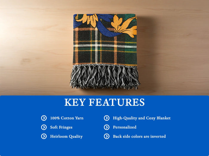 Key features of the Kindelan 100% cotton woven blanket with fringed edges.