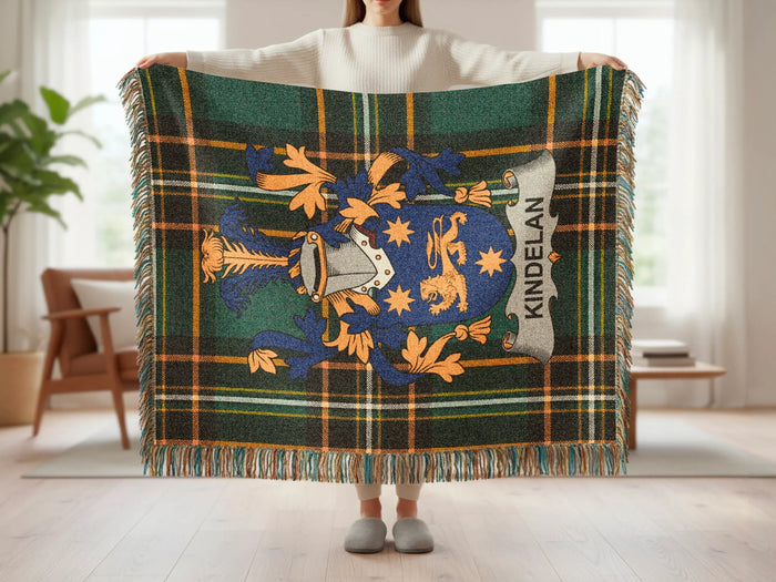 Kindelan family crest tartan woven blanket shown at full scale.