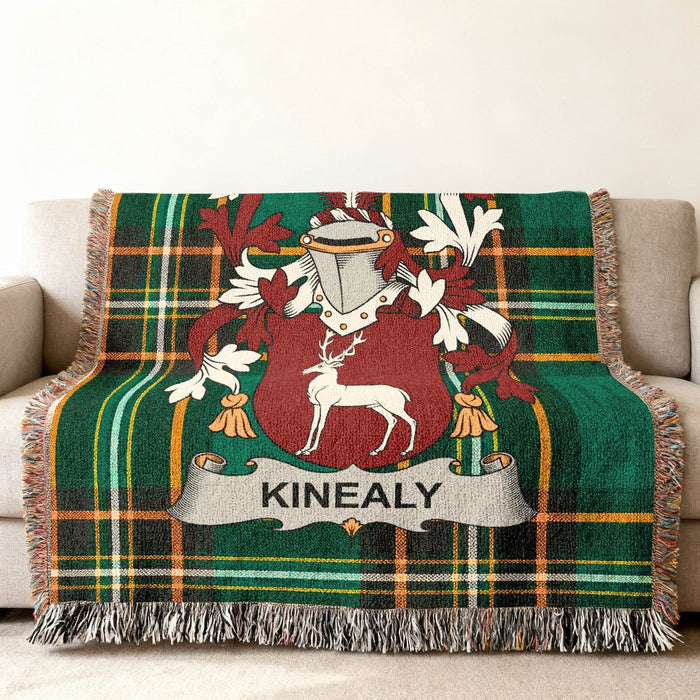 Kinealy family crest on an Irish National Tartan woven cotton throw.