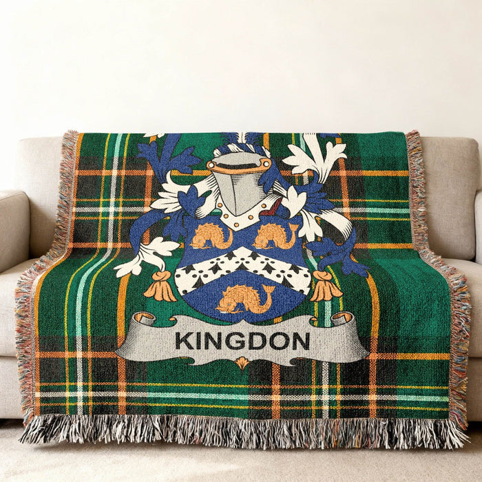 Kingdon family crest on an Irish National Tartan woven cotton throw.