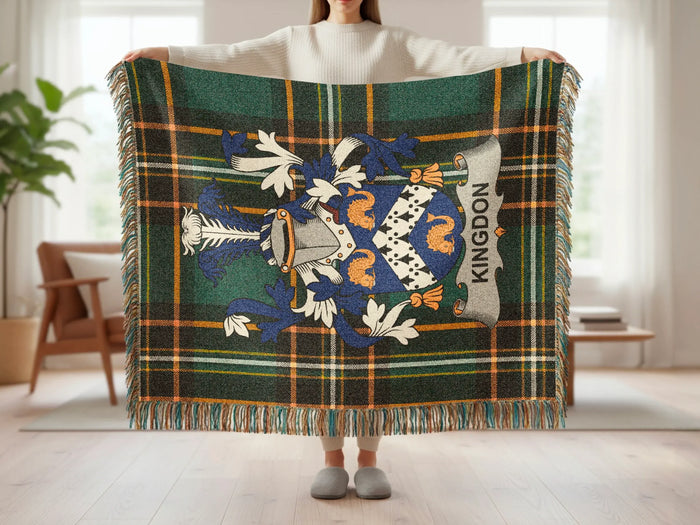 Kingdon family crest tartan woven blanket shown at full scale.