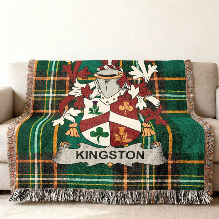 Kingston family crest on an Irish National Tartan woven cotton throw.