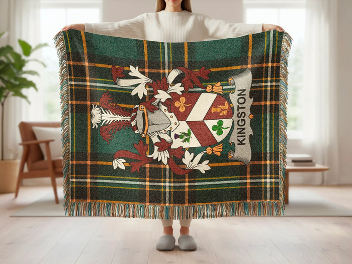 Kingston family crest tartan woven blanket shown at full scale.
