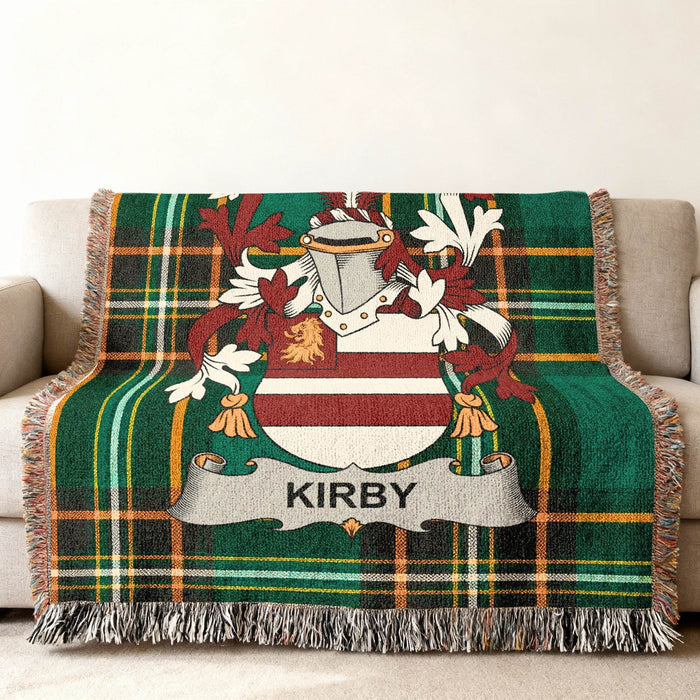 Kirby family crest on an Irish National Tartan woven cotton throw.