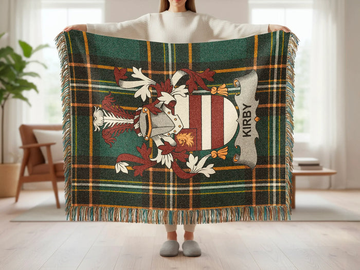 Kirby family crest tartan woven blanket shown at full scale.