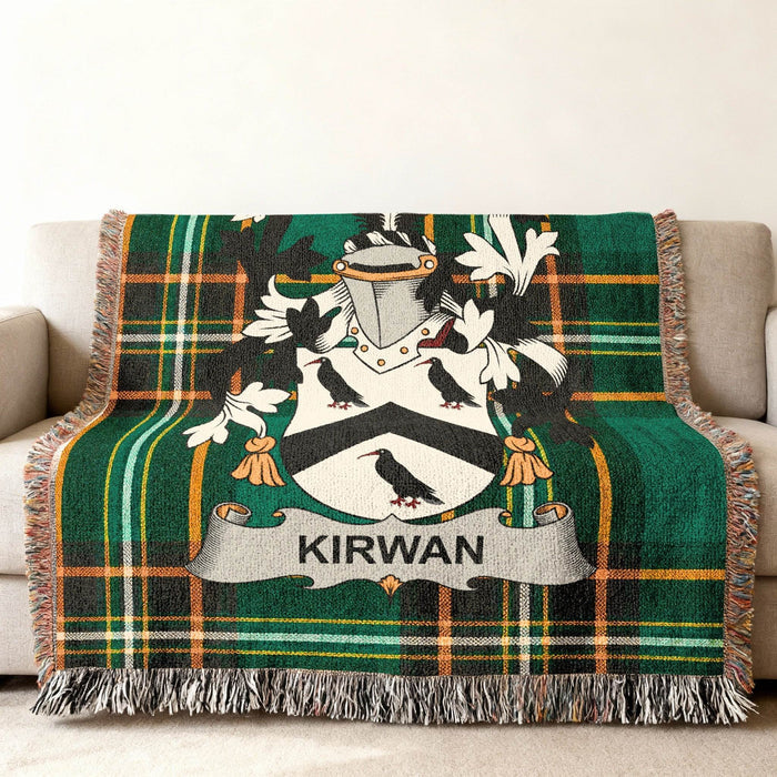 Kirwan family crest on an Irish National Tartan woven cotton throw.
