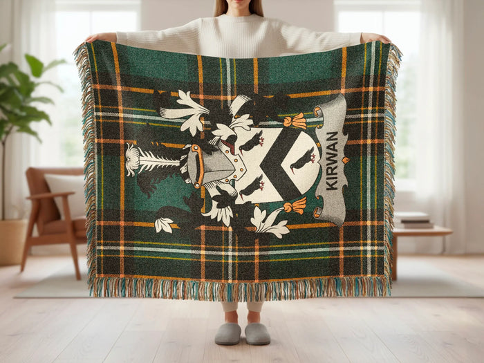 Kirwan family crest tartan woven blanket shown at full scale.