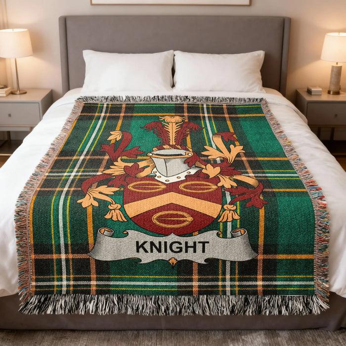 Knight Irish family crest woven blanket displayed on a bed.