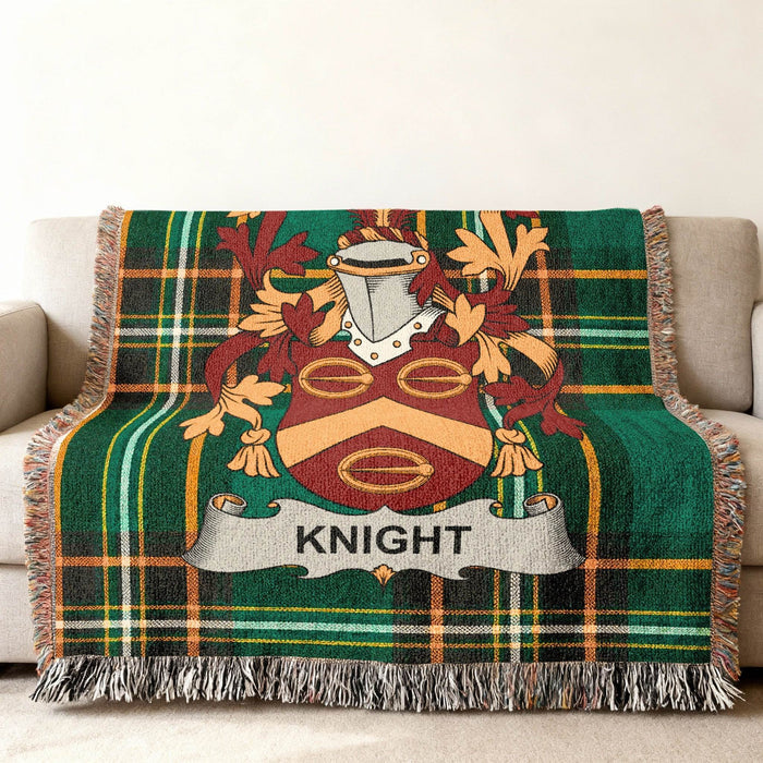 Knight family crest on an Irish National Tartan woven cotton throw.