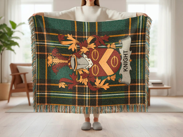 Knight family crest tartan woven blanket shown at full scale.