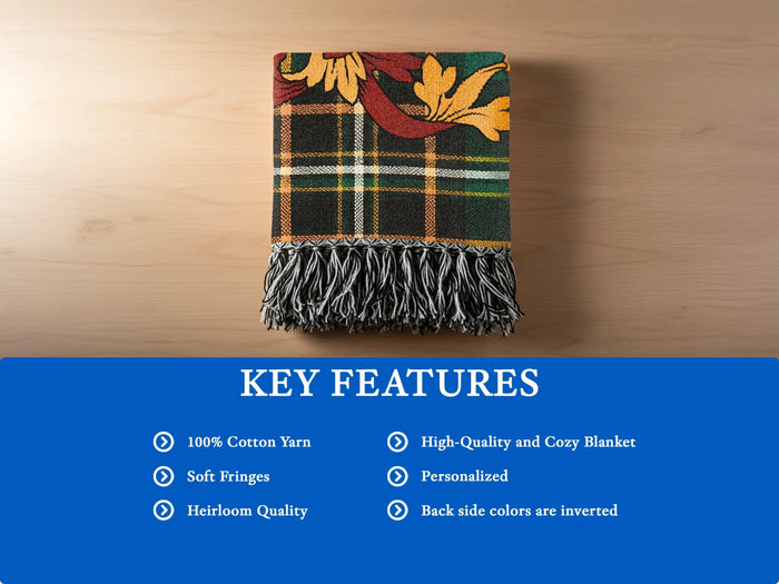 Key features of the Kyan 100% cotton woven blanket with fringed edges.