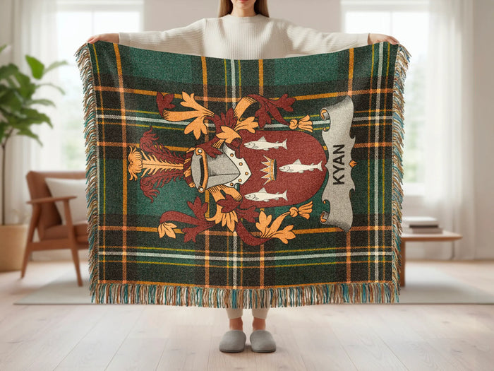 Kyan family crest tartan woven blanket shown at full scale.