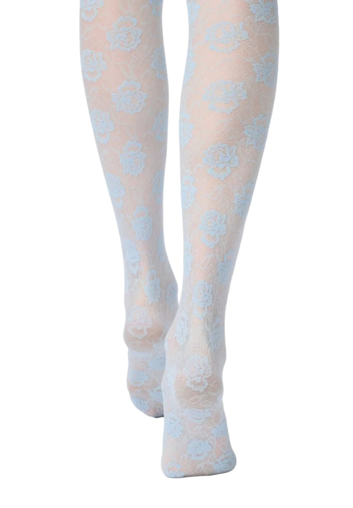Oroblu lace  tights with blue floral pattern on a white background