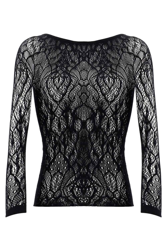 Black lace long-sleeve top on a white background