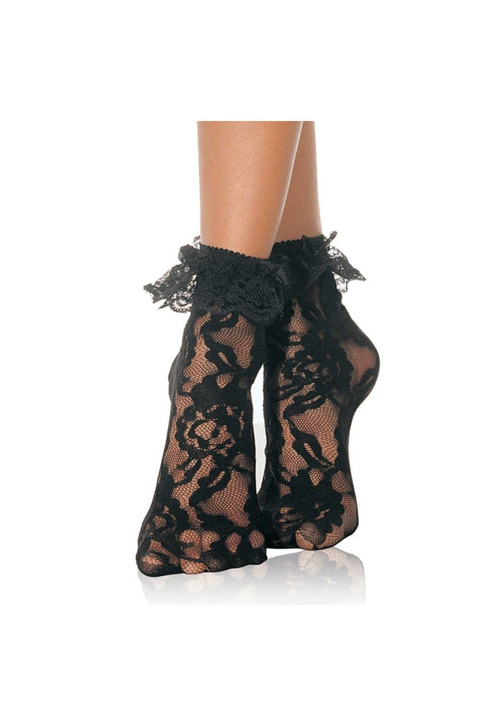 Black lace socks with floral details on a white background