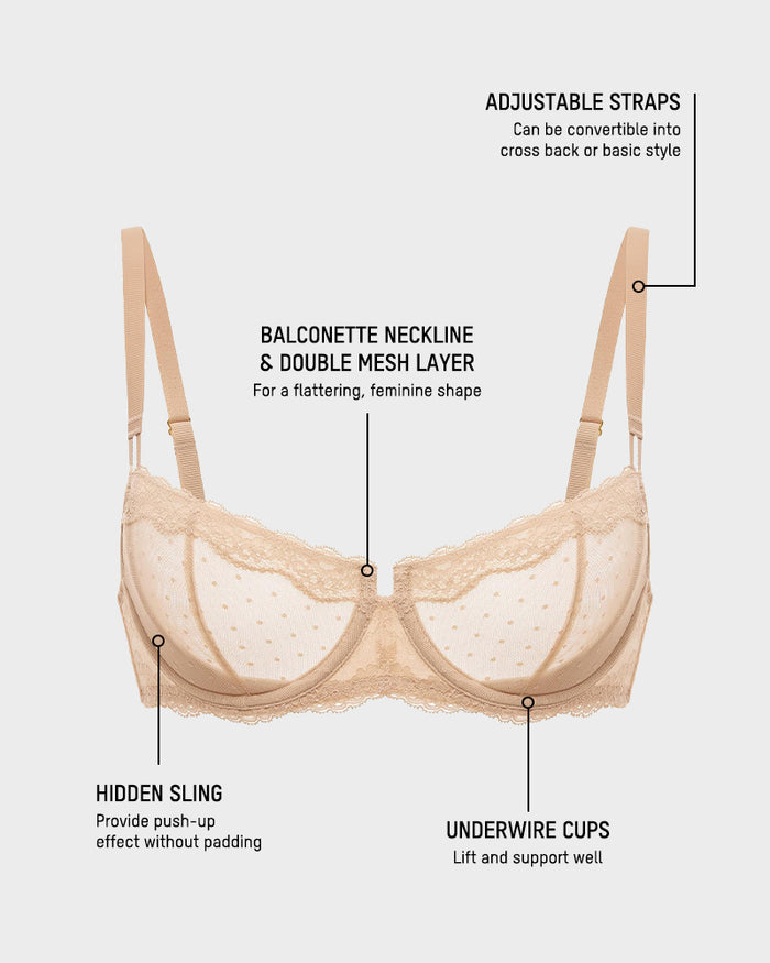 Lace Underwire Unlined Sheer Demi Balconette Bra