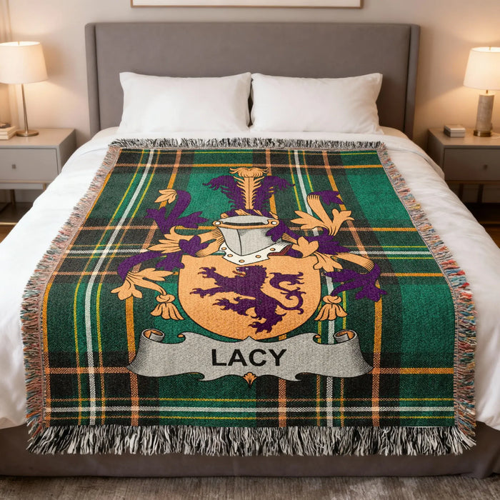 Lacy Irish family crest woven blanket displayed on a bed.