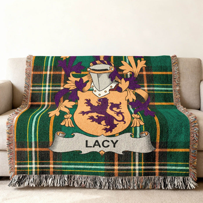 Lacy family crest on an Irish National Tartan woven cotton throw.