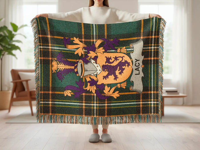 Lacy family crest tartan woven blanket shown at full scale.
