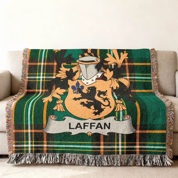 Laffan family crest on an Irish National Tartan woven cotton throw.