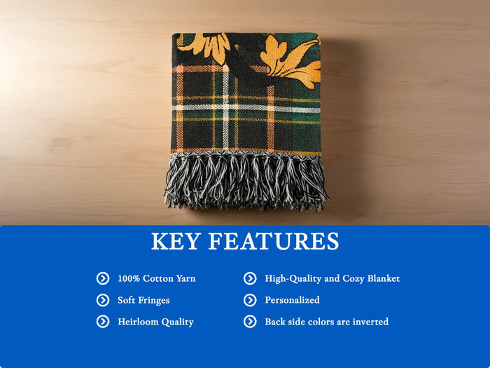 Key features of the Laffan 100% cotton woven blanket with fringed edges.