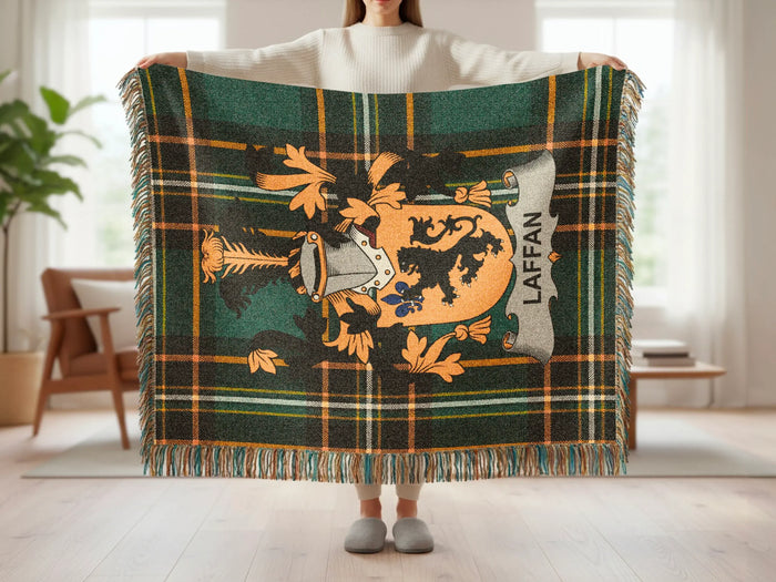 Laffan family crest tartan woven blanket shown at full scale.