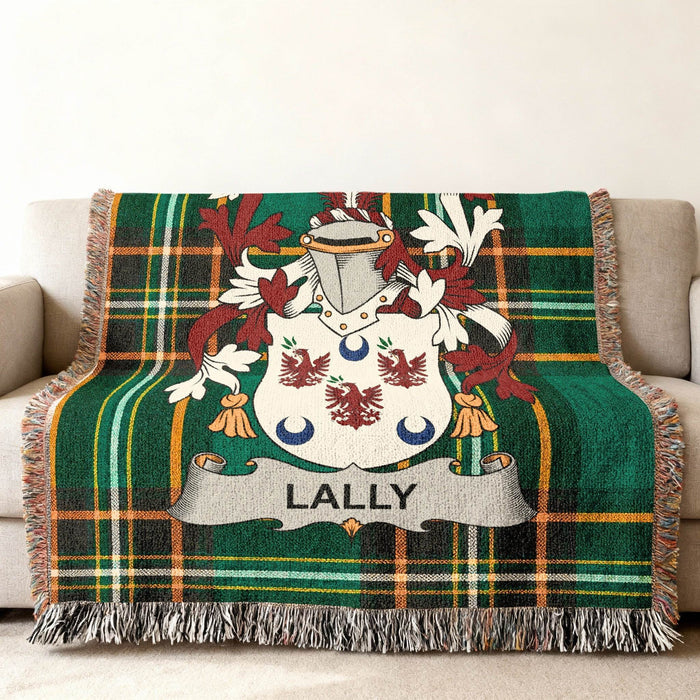 Lally family crest on an Irish National Tartan woven cotton throw.