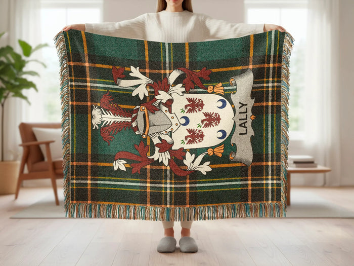 Lally family crest tartan woven blanket shown at full scale.